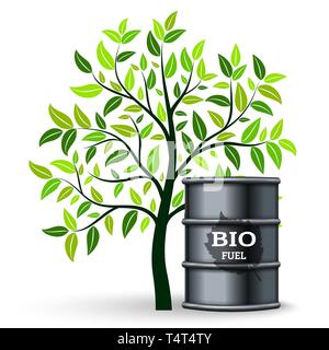 Metallbuchse mit Bio Fuel und grünen Bäumen. Vector Illustration Stock Vektor