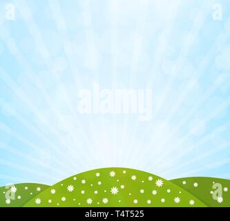 Natur Hintergrund mit grünem Feld, Blumen und blauer Himmel. Vector Illustration Stock Vektor