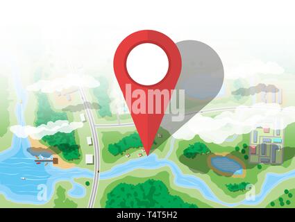 Lage der Pin. S-Karte mit Häusern mit Auto, Boote, Bäume, Strasse, Fluss, Wald, See und Wolken. Village Luftaufnahme. Karte und Kartographie. Vektor Stock Vektor