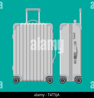 Silber Reisetasche. Kunststoffkoffer. Katze auf Rädern. Reisegepäck und Gepäck. Vector Illustration im flachen Stil Stock Vektor