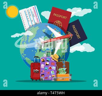 Reisekoffer mit Aufklebern der Gebiete und Städte auf der ganzen Welt. Globus mit Destinationen, Flugzeug. Reisepass und Bordkarte. Ferienhäuser Stock Vektor