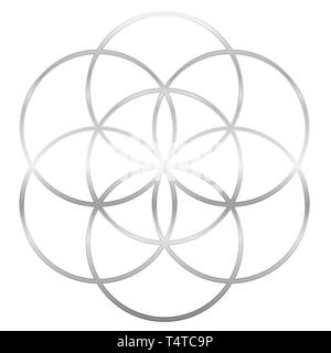 Silver Same des Lebens. Vorläufer der Blume des Lebens Symbol. Einzigartige geometrische Figur, die aus sieben überlappende Kreise der gleichen Größe. Stockfoto