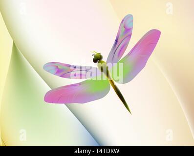 Cartoon happy Dragonfly rot grün und Neon Licht. Libelle mit offenen Flügeln auf bunten verschwommenen Hintergrund. Stock Vektor