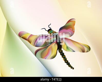 Cartoon happy Dragonfly rot grün und Neon Licht. Libelle mit offenen Flügeln auf bunten verschwommenen Hintergrund. Stock Vektor