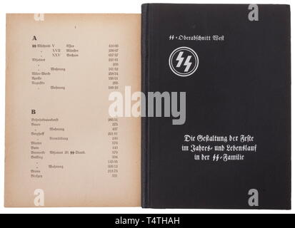 Eine jährliche feiern Buch der SS-Familie, Völkischer Verlag, F. Weitzel. Band von der Anordnung der Feiertage im Laufe eines Jahres und eine Lebenszeit in der SS Familie, ausgestellt von SS-Oberabschnitt West durch Gruppenführer Weitzel, 79 Seiten mit Abbildungen. Lehrbuch über das Verfahren der Feiertage wie Weihnachten, Sommersonnenwende, Geburtstage etc. sowie Verbindung, den Eintritt in die HJ und SS, Songtexte, Beschreibungen der yule und SS Ecken, Familie Bücher, Runen. Darunter ein kleines Telefonbuch der SS (12 Seiten). Sehr selten. historischen, historische, 20. Jahrhundert, 1930, Editorial-Use - Nur Stockfoto