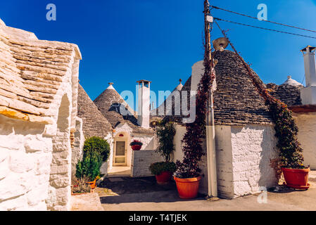 Schöne einstöckige Häuser von gerundeten Bau genannt Trulli, typisch für die Gegend von Alberobello in Italien. Stockfoto