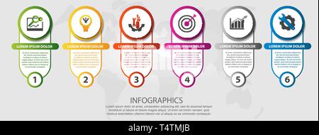 Moderne 3D-Vektor Illustration. Kreisförmige Infografik Vorlage mit 6 Elemente, Symbole und Zahlen. Für Business, Präsentationen, Web Design Stock Vektor