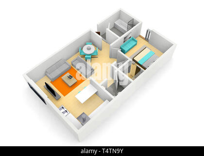 3d cgi Abbildung: ein 1-Zimmer Apartment auf weißem Hintergrund Stockfoto