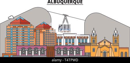 Albuquerque, USA, Flachbild Wahrzeichen Vector Illustration. Albuquerque Linie Stadt mit berühmten reisen Sehenswürdigkeiten, Skyline, Design. Stock Vektor