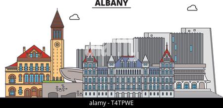 Albany, USA, Flachbild Wahrzeichen Vector Illustration. Albany Linie Stadt mit berühmten reisen Sehenswürdigkeiten, Skyline, Design. Stock Vektor