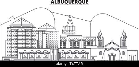 Albuquerque, USA, Flachbild Wahrzeichen Vector Illustration. Albuquerque Linie Stadt mit berühmten reisen Sehenswürdigkeiten, design Skyline. Stock Vektor