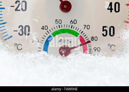 Analoge hygrometer auf Schnee zur Messung der relativen Feuchtigkeit (Wasserdampf). Relative Luftfeuchtigkeit (RH) ist das Verhältnis der Partialdruck des Wasserdampf an die Stockfoto