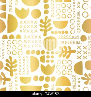 Goldfolie geometrische Formen auf Schwarz nahtlose Vektor Hintergrund. Metallic Golden Leaf Pflanze und abstrakten Formen Muster Stock Vektor