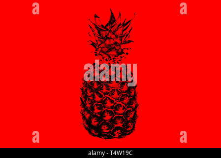 Ananas schwarz auf rotem Hintergrund. Pop Art Design, kreatives Konzept. Moderne Kunst. Das Konzept der Party, Sommer Stockfoto