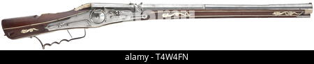 Eine wheellock Karabiner, Augsburg, ca. 1560/70 Zweistufige glatte Bohrung Zylinder mit 17,9 mm Kaliber, achteckige dann Runde nach einem Gürtel und mit einem hog-zurück in der Nähe der Mündung. Auf der Oberseite mit einer eingefügten Messing vor Augen und einem einfachen Bügeleisen Kimme, am Hinterteil ein Hase Marke (einer von ihnen undeutlich). Die Verriegelung mit externen Rad und federbelastete Radkappen und Sicherheit. Nussbaum Lieferbar mit gravierten Knochen Inlays und Bügeleisen trigger Guard mit Finger ruht sowie Patch Box. (Später) Holz- ladestock mit Eisen Tipp. Die Lager mit mehreren professionellen Reparaturen,, Additional-Rights - Clearance-Info - Not-Available Stockfoto