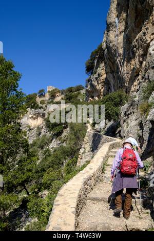 Senda del Castillo de Alaró, ubicado en El Puig d'Alaró, con una altitud de 822 m, Sierra de Tramuntana, Mallorca, Balearen, Spanien, Europa. Stockfoto