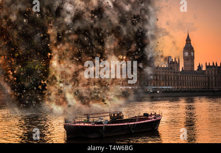 Apokalypse Ende der Zeit digitale Konzept der Explosion in Häuser, Westminster, London, UK Stockfoto