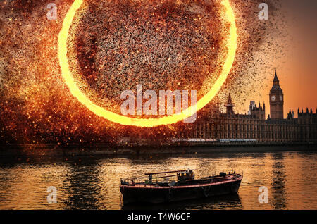 Apokalypse Ende der Zeit digitale Konzept der Explosion in Häuser, Westminster, London, UK Stockfoto