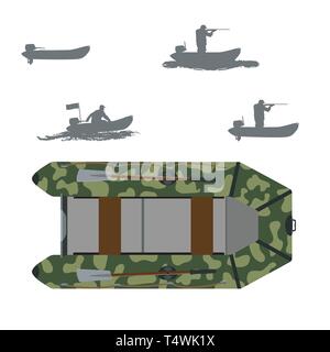 Schlauchboot. Farbe Camouflage. Silhouette der Fischer und Jäger in einem Boot. Auf weissem Hintergrund isolieren. Stock Vektor