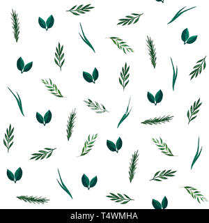Aquarell nahtlose Muster mit Blättern und Zweig auf weißem Hintergrund. Stockfoto