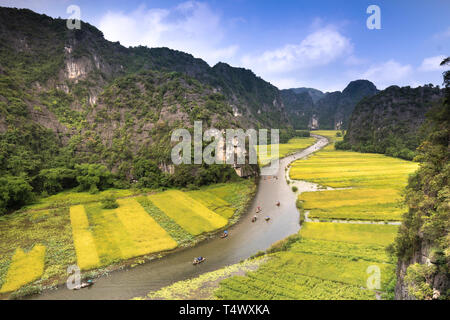 Tam Coc - Ninh Binh Provinz, Vietnam - 22. Mai 2017: Die Boote Touristen tragen durch die Höhlen und die Reisfelder auf dem Ngo Dong Fluss bei Tam Coc-Bich Stockfoto