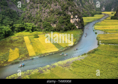 Tam Coc - Ninh Binh Provinz, Vietnam - 22. Mai 2017: Die Boote Touristen tragen durch die Höhlen und die Reisfelder auf dem Ngo Dong Fluss bei Tam Coc-Bich Stockfoto