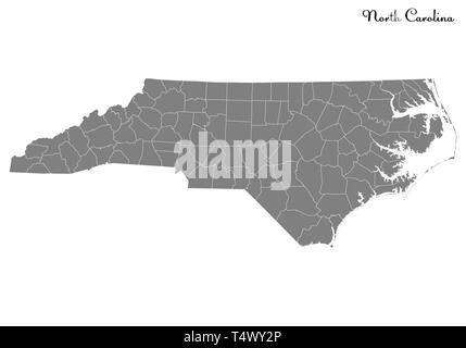 Hohe Qualität Karte von North Carolina ist ein Staat der Vereinigten Staaten mit Grenzen der Grafschaften Stock Vektor