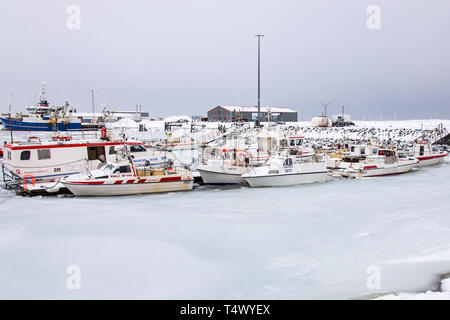 HÖFN, Island/FEBRUAR 10, 2016: Die gefrorenen Hafen der Isländischen Fischerdorf Höfn im Winter, mit seinen Booten legte bis zum Tauwetter. Stockfoto