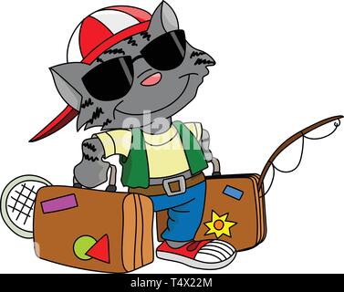 Cartoon Cat gehen auf einen Sommerurlaub Vector Illustration Stock Vektor