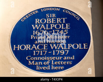 Sir Robert Walpole, blaue Plakette, Arlington Street, Westminster, London, England, UK, GB. Stockfoto