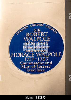 Sir Robert Walpole, blaue Plakette, Arlington Street, Westminster, London, England, UK, GB. Stockfoto