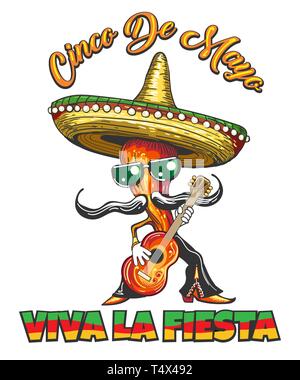 Mexikanische Feiertag Cinco de Mayo Retro Poster mit Pfeffer in der Sombrero spielt eine Gitarre und Spanisch Motto Viva La Fiesta, was bedeutet, dass die Partei leben. Vektor Stock Vektor