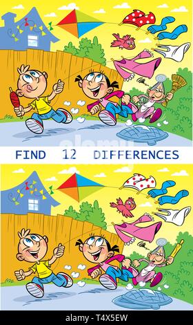 In der Vector Illustration Puzzle, die Aufgabe zu finden 12 Unterschiede in den Bildern, in denen die Kinder frech sind, laufen mit einem Kite- und ausführen Stock Vektor