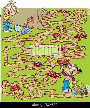 In der Vector Illustration, ein Labyrinth Puzzle mit Kindern, die ein Kanal für die Bewässerung der Blumen im Garten graben. Stock Vektor