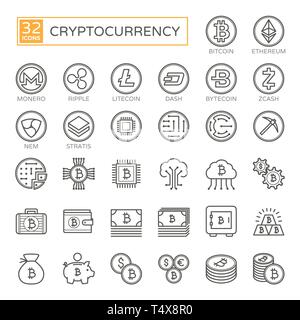 Cryptocurrency, bitcoin, blockchain - Minimale thin line Web Icon Set (32 pc, einfache umreiß Vector Icons Collection) Stockfoto