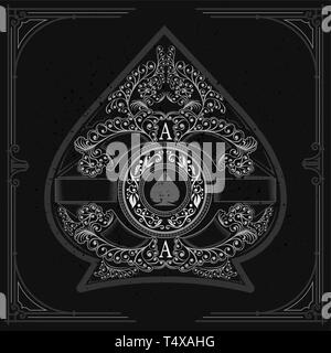 Florales Muster, um Kreis Schild mit Spaten in der Mitte der Innenseite Ace of Spades bilden. Vintage Design Playing Card Element, Weiß auf Schwarz Stock Vektor