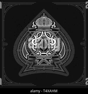 Runde Muster Schild mit Krone und Vintage Elemente innerhalb Ace of Spades bilden. Marine design Playing Card Element, Weiß auf Schwarz Stock Vektor