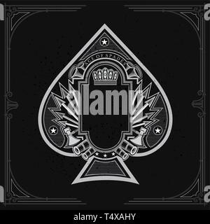 Vintage Waffe und Pfeile mit Rahmen in der Mitte des Ace of Spades bilden. Militärische design Playing Card Element, Weiß auf Schwarz Stock Vektor