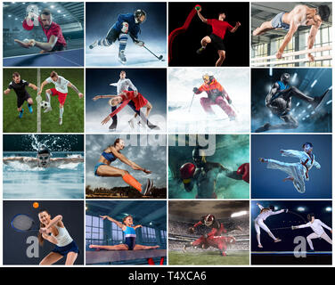 Sport Collage über Tischtennis, Gymnastik, Boxen, Handball, Fußball und American Football, Taekwondo, Eiskunstlauf, Ski slalom, Basketball, Schwimmen, Weitsprung, Fechten Konzept Athleten oder Spieler Stockfoto