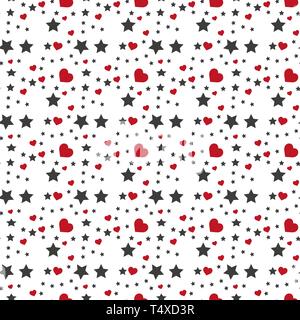 Nahtlose Muster mit roten Herzen und Schwarze Sterne auf weißem Hintergrund. Vector Illustration Stock Vektor