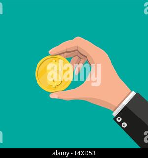 Gold Münze in der Hand. Goldene Münze mit Dollarzeichen. Wachstum, Einkommen, Ersparnisse, Investitionen. Symbol für Reichtum. Den geschäftlichen Erfolg. Flat Style Vektor illustrati Stock Vektor