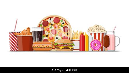 Fast food Symbole gesetzt. Burger, Pizza, Hotdog, gebratenes Huhn, Pommes, Popcorn, Donut, Milch cocktail Cola, Limonade, Eis, Papier, Glas und Flaschen mit sau Stock Vektor