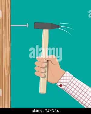Man hämmern Nagel mit dem Hammer in die Wand. Bau und Reparatur. Handwerker oder freiwillige Arbeit mit Werkzeugen. Vector Illustration im flachen Stil Stock Vektor