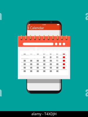 Papier Spirale Wandkalender im Smartphone. Kalender Flachbild-Symbol. Zeitplan, Termin, Veranstalter, Stundenerfassung, wichtiges Datum. Vector Illustration in flachen Stock Vektor