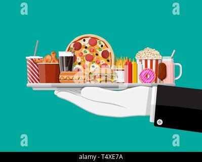 Fach mit Fast-food in der Hand der Kellner. Burger, Pizza, Hotdog, gebratenes Huhn, Pommes, Popcorn, Donut, Milch cocktail Cola, Limonade, Eis, Glasflaschen Stock Vektor