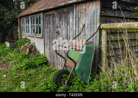 Eine verlassene mit einem gebrochenen Fenster werfen, grün Rost Schubkarre hielten gegen den Schuppen, Unkraut starten Um den Schuppen zu wachsen. Stockfoto