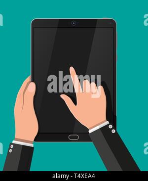 Hand berühren Bildschirm schwarz Tablet Computer. Realistische Tablet-PC mit leeren Bildschirm. Mobile elektronische Gerät mit Touchscreen. Vector Illustration i Stock Vektor