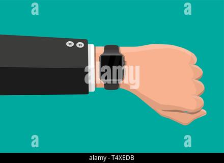 Smart watch auf der Hand. Moderne Hand elektronischen Uhren. Touchscreen und Kunststoff sport Band. Fitness Uhr. Vector Illustration im flachen Stil Stock Vektor