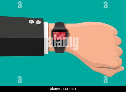 Smart watch kontaktlose Zahlungen. Smartwatch auf der Hand. Wireless, kontaktlose oder bargeldloser Zahlungsverkehr, rfid nfc. Vector Illustration im flachen Stil Stock Vektor