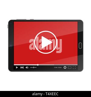 Moderne Tablet-PC mit Video player auf dem Bildschirm. Online Streaming Service auf dem Laptop. Kino, Filme, Kurse und Ausbildung im Internet. Digitale Inhalte. Stock Vektor